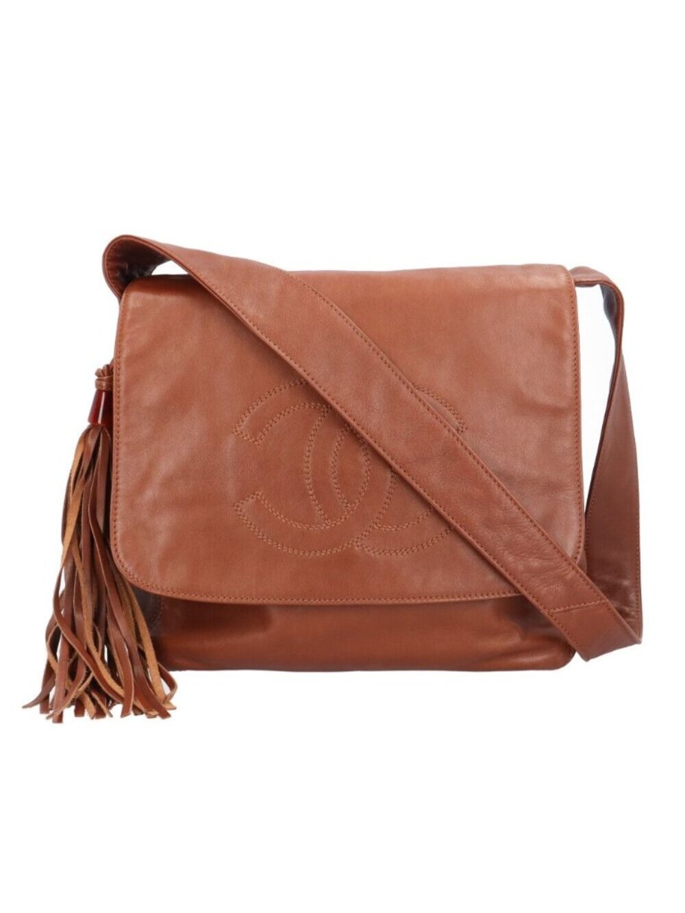 Chanel Fringe CC Logo Shoulder Bag Leather Brown